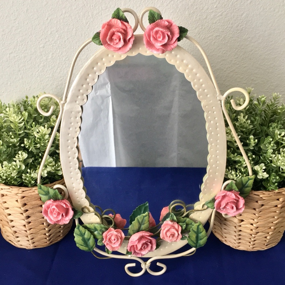 Vintage Oval Mirror with Pink Roses